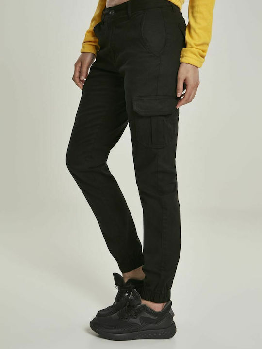 Women's High-waisted Fabric Cargo Trousers with Elastic Black