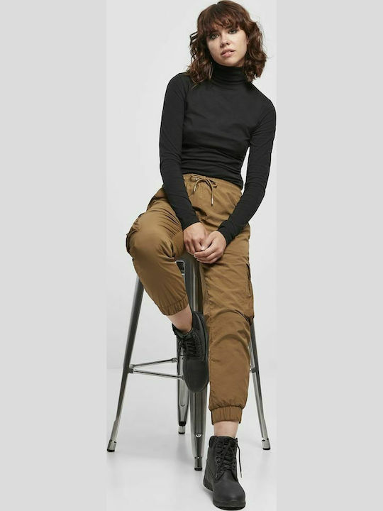 Dama Talie înaltă Tesatura Pantaloni Cargo cu Elastic Maro