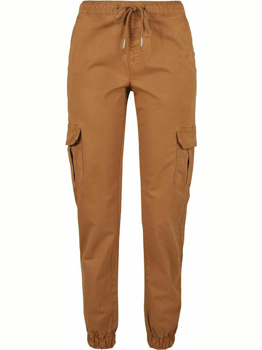 Damen Hoch tailliert Stoff Cargo Hose mit Gummizug Tabac Braun