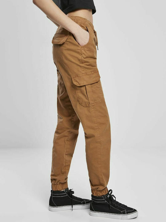 Damen Hoch tailliert Stoff Cargo Hose mit Gummizug Tabac Braun