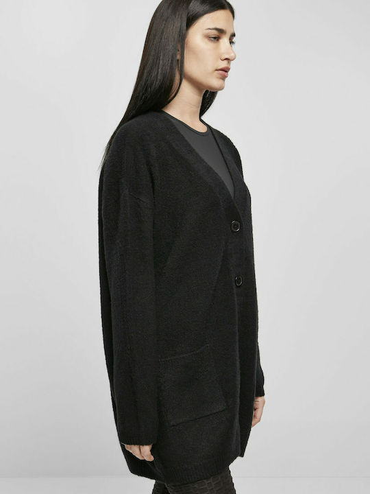 Long Women's Knitted Cardigan with Buttons Black