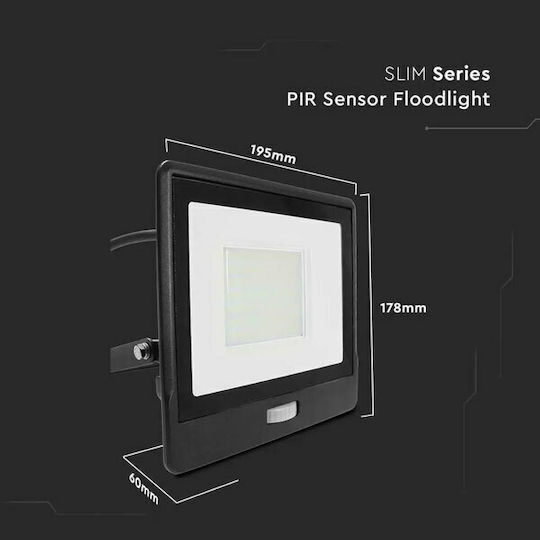 V-TAC Waterproof LED Flood Light 50W Cold White 6500K With Motion Sensor IP65