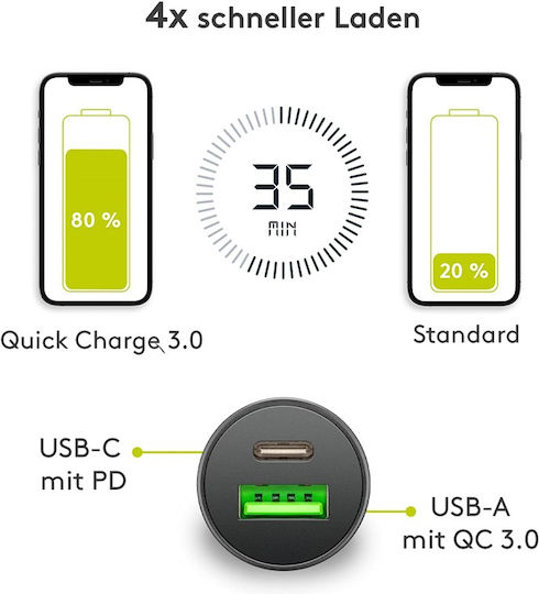 Goobay Зарядно за кола 30W 3Спецификация с Портове: 1xUSB 1xType-C Черен Цвят