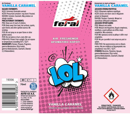 Feral Car Air Freshener Spray Speech Collection Vanilla Caramel 70ml