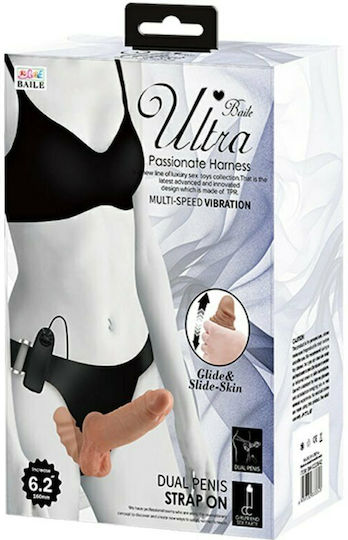 Baile Ultra Passionate Harness Dual Penis Strap On Harness with Double Dildo and Vibration in color Flesh