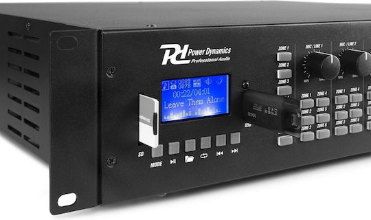 Power Dynamics PRM606 Matrix Интегриран Търговски усилвател с 6 зони 60W/100V и USB/Bluetooth връзки в Черен цвят