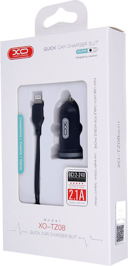 XO TZ08 Auto Ladegerät 10W 2.1A mit 2xUSB-A Anschlüssen inklusive Lightning Kabel Schwarz Farbe