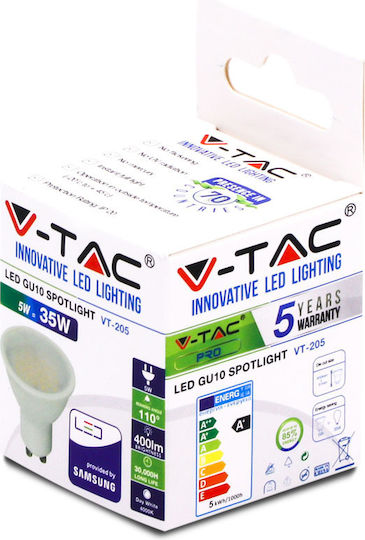 V-TAC VT-205 LED Bulb 5W for Socket GU10 and Shape MR16 Natural White 400lm