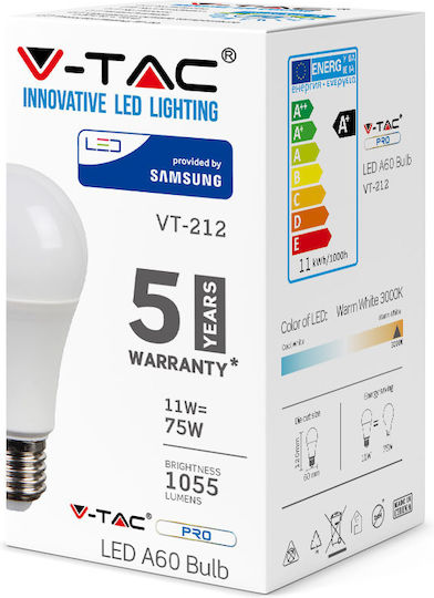 V-TAC VT-212 LED Крушка 11W за Цокъл E27 и Форма A60 Естествено бяло 1055лм
