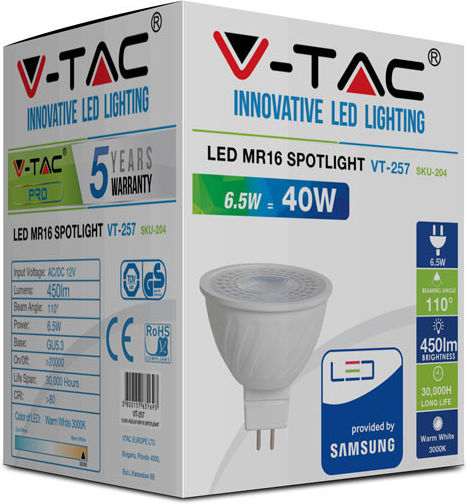 V-TAC VT-257 Bec LED 6.5W pentru Soclu GU5.3 și Formă MR16 Alb cald 450lm