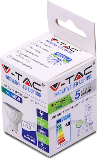 V-TAC VT-277 LED Bulb 7W for Socket GU10 and Shape MR16 Natural White 480lm