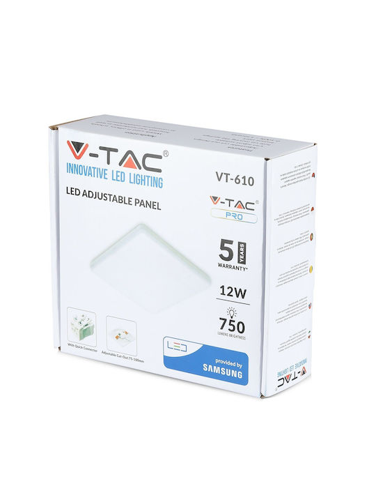 V-TAC Square Metallic Recessed Spot with Integrated LED and Natural White Light 10W 750lm White 12x12cm. 1pcs