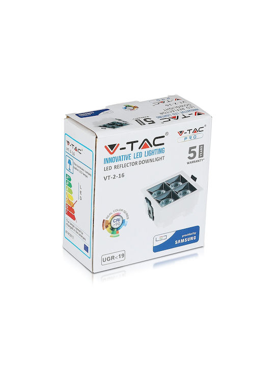 V-TAC Square Metallic Recessed Spot with Integrated LED and Natural White Light Samsung SMD 16W White 9.3x9.3cm. 1pcs