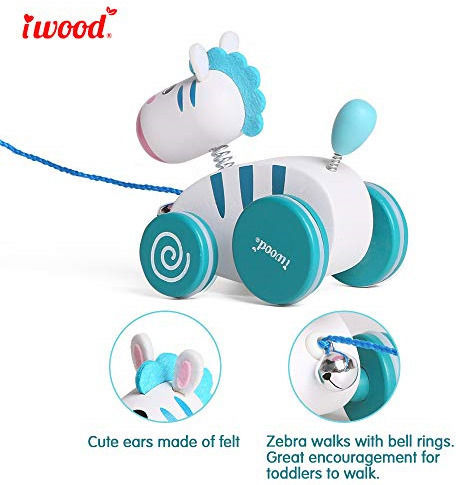 iwood Pull-Along Toy Push Toy Zebra made of Wood for 12++ Months