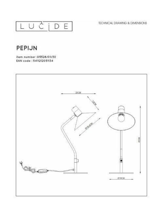 Lucide Lightning Vintage Industrial Lucide Pepijn Office Lamp for Socket E14 in Black Color