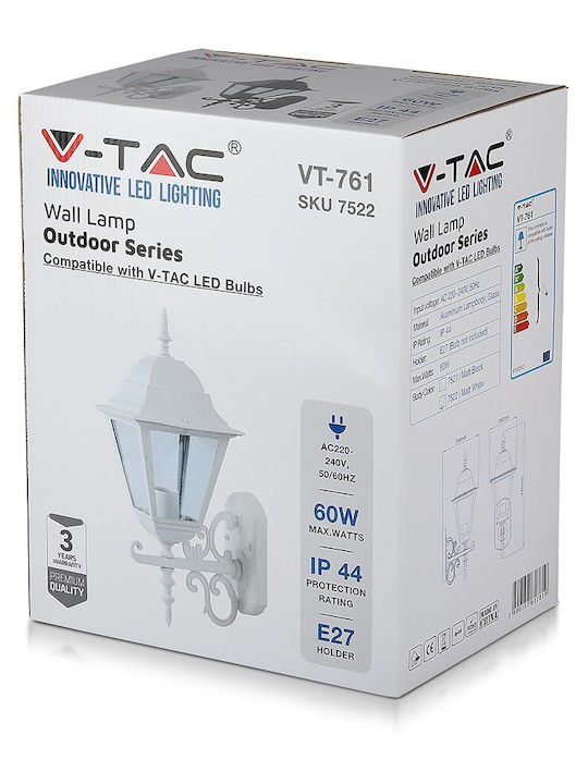 V-TAC Επιτοίχιο Εξωτερικό Φαναράκι E27 IP44 18.5x44.5x44.5εκ.