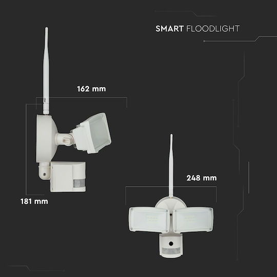 V-TAC Στεγανός Προβολέας LED 18W Ψυχρό Λευκό 6000K WiFi με Αισθητήρα Κίνησης IP66