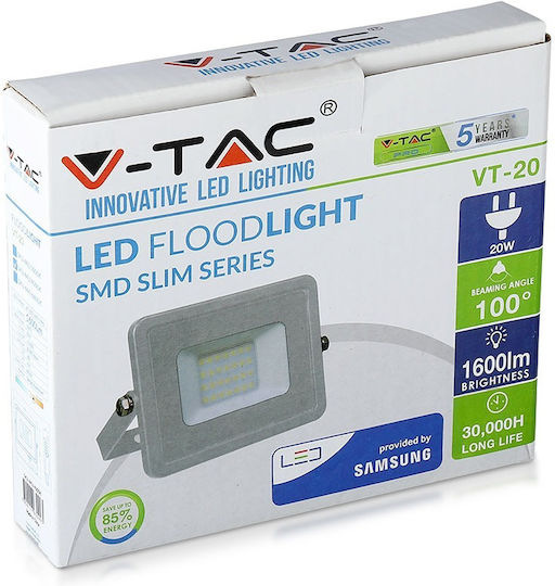 V-TAC Στεγανός Προβολέας LED 20W Ψυχρό Λευκό 6400K IP65