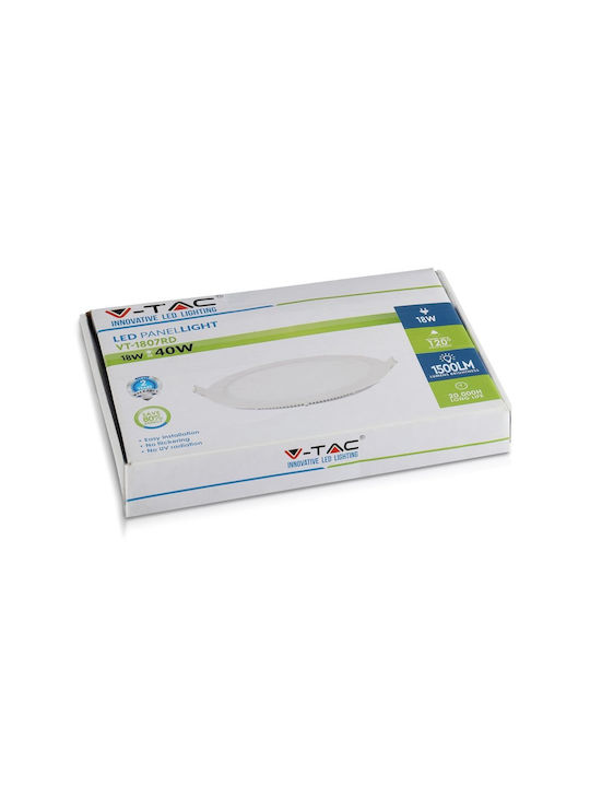 V-TAC Στρογγυλό Χωνευτό LED Panel 18W με Θερμό Λευκό Φως 3000K 22.5εκ.