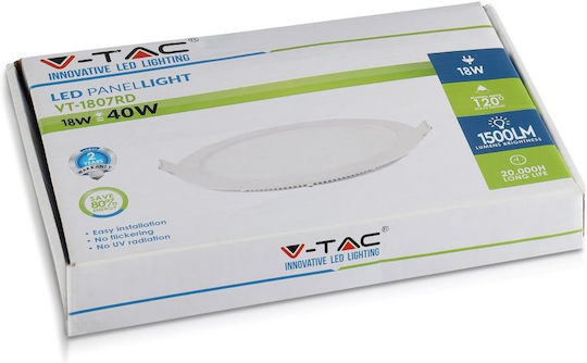 V-TAC Rund Vertieft LED Panel 18W mit Warmes Weiß Licht 3000K
