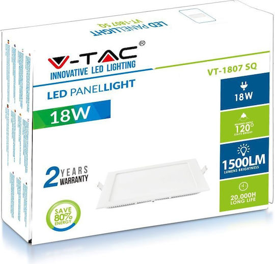V-TAC Pătrat Încastrat Panou LED Putere 18W cu Alb Natural Lumini 22.5x22.5cm.