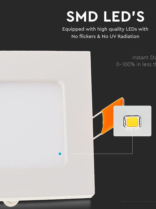 V-TAC Τετράγωνο Χωνευτό LED Panel 18W με Φυσικό Λευκό Φως 4000K 22.5x22.5εκ.