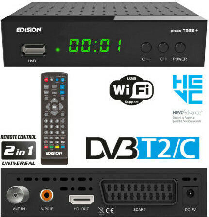 Edision Picco T265+ 01-07-0025 Ψηφιακός Δέκτης Mpeg-4 Full HD (1080p) με Λειτουργία PVR (Εγγραφή σε USB) Σύνδεσεις SCART / HDMI / USB
