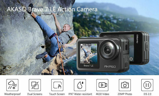 Akaso Brave 7 LE Action Camera 4K Ultra HD Υποβρύχια με Οθόνη Αφής 2" και Wi-Fi Μαύρη
