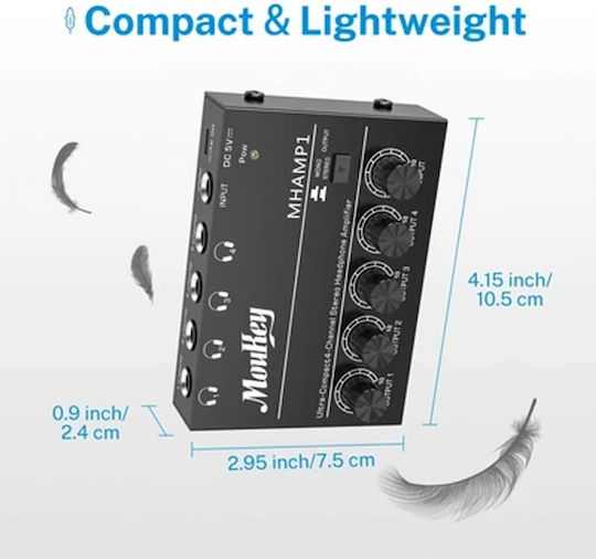 Moukey MHAMP-1 Portable Analog Headphone Amplifier 4 Channels with Jack 6.3mm