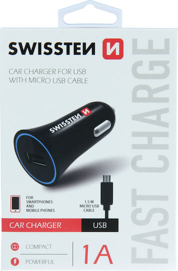 Swissten Φορτιστής Αυτοκινήτου 1A με μία Θύρα: 1xUSB μαζί με Καλώδιο Micro-USB Μαύρο Χρώμα