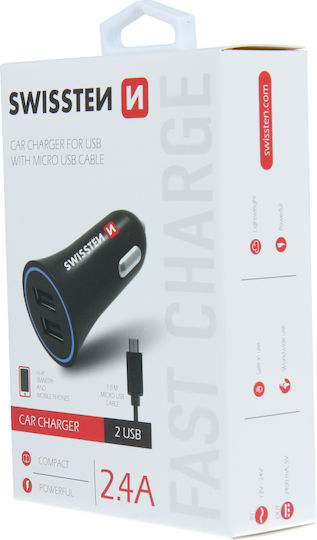 Swissten Auto-Ladegerät 18W 2.4A mit Anschlüssen: 2xUSB mit Kabel Mikro-USB Schwarz Farbe