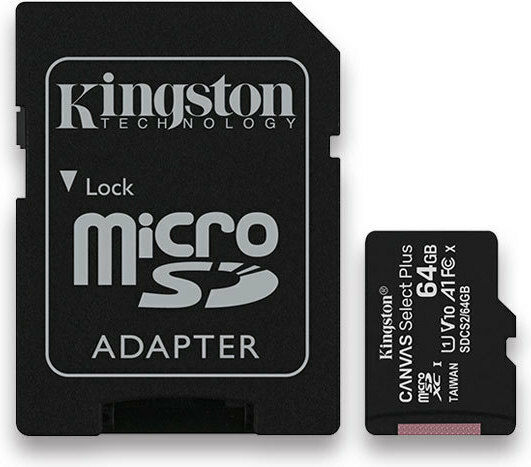 Kingston Canvas Select Plus microSDXC 64GB U1 V10 A1 UHS-I 100MB/s με αντάπτορα