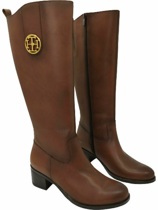 Leather Medium Heel Women's Boots with Zipper / Rubber Tabac Brown