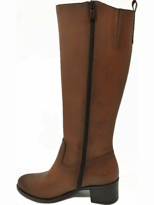 Leather Medium Heel Women's Boots with Zipper / Rubber Tabac Brown