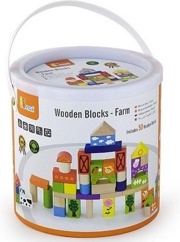 Viga Toys Set Cuburi De Construit „Fermă” În Găleată, Din Lemn Pentru 1+ Ani 50 Bucăți
