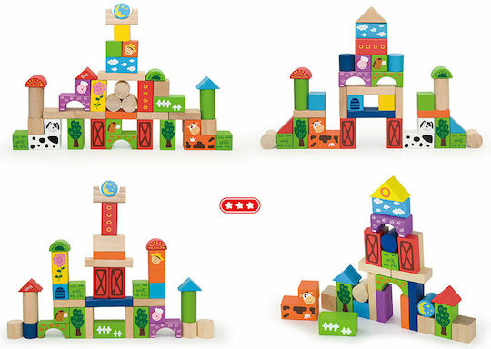 Viga Toys Set Cuburi De Construit „Fermă” În Găleată, Din Lemn Pentru 1+ Ani 50 Bucăți