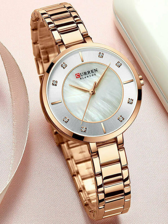 Curren Дамски Часовник 34mm Кварцов с Розово Златна Метална Верижка