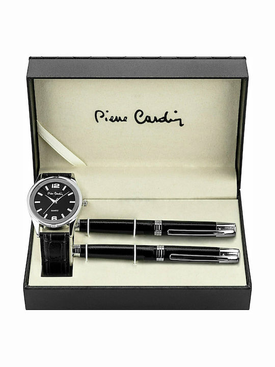 Pierre Cardin Gift Set Watch & Pen Γυναικείο Ρολόι 42mm Μπαταρίας με Ασημί Δερμάτινο Λουράκι