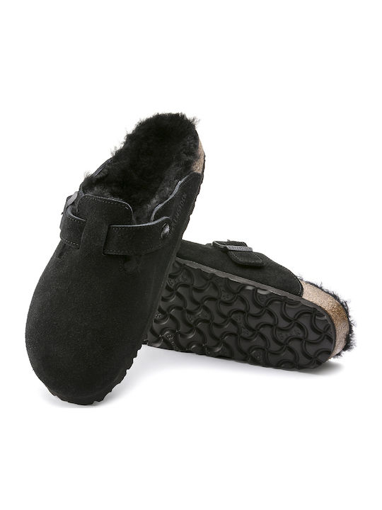 Boston Shearling Χειμερινές Ανδρικές Παντόφλες με Γούνα Μαύρες