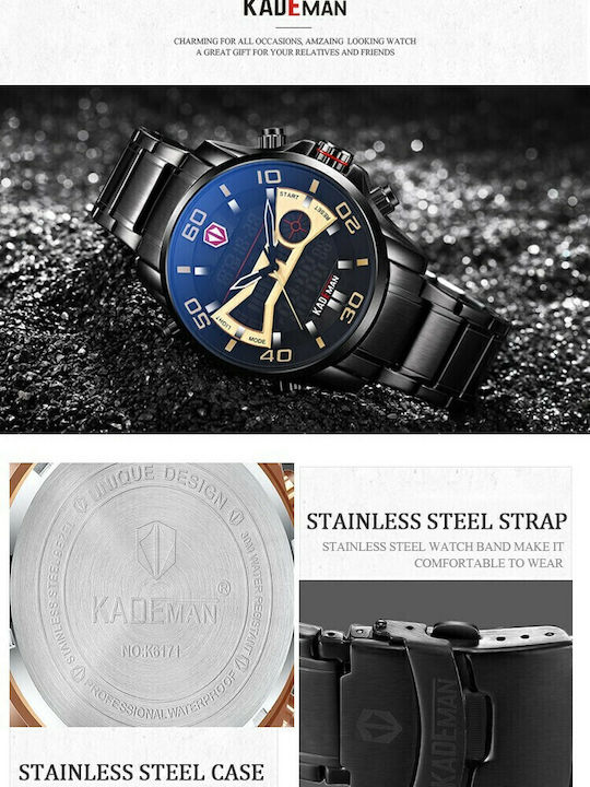 Kademan K6171 Αναλογικό/Ψηφιακό Ανδρικό Ρολόι 46mm Μπαταρίας με Μαύρο Μεταλλικό Μπρασελέ