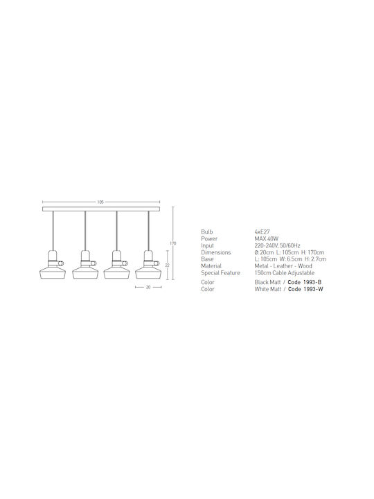 Zambelis Lights Pendant Light White Rail for 4 Bulbs E27 20cm