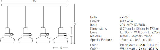 Zambelis Lights Pendant Light White Rail for 4 Bulbs E27 20cm