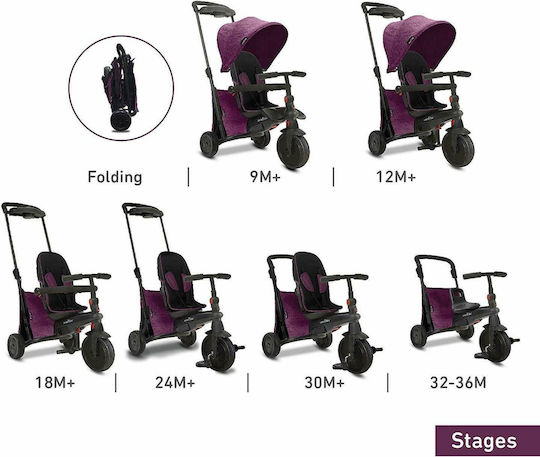 Smart Trike Kids Tricycle Bicycle Folding 500 Foldable, Convertible with Parental Handle & Tent for 9+ Months Purple