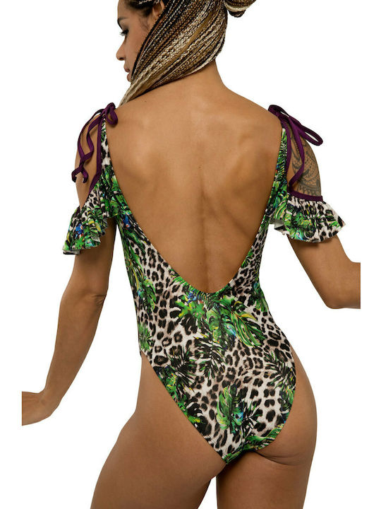Dorina Animal Print Slim Strap Open Back Swimsuit Koani Green