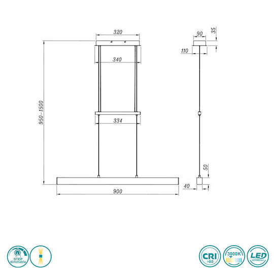 Trio Lighting Paros LED Γραμμικό Φωτιστικό Οροφής 21W Θερμό Λευκό IP20 με Ρυθμιζόμενη Ένταση Μ90xΒ11xΥ90εκ.