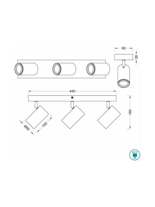 Trio Lighting Marley Тройно Спот с Цокъл GU10 в Черен Цвят
