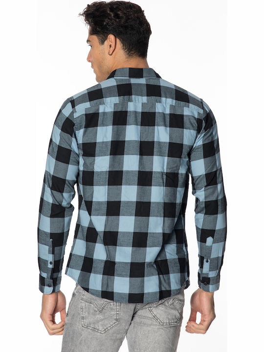 Long-sleeved Denim Shirt Checked Faded Denim