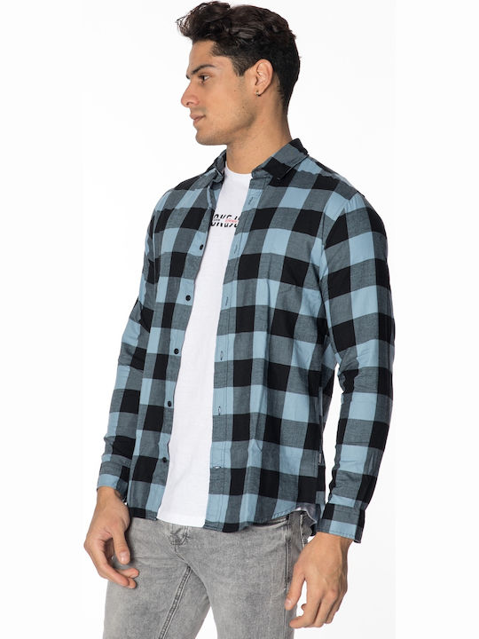 Long-sleeved Denim Shirt Checked Faded Denim