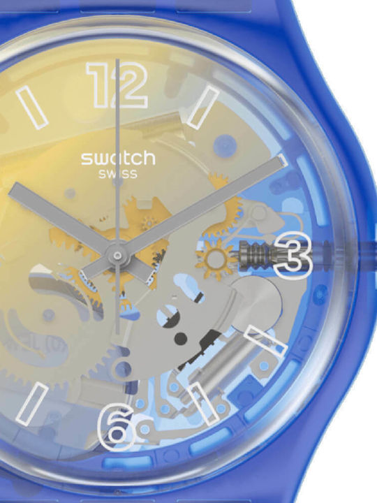 Swatch Yellow Disco Fever Damen Uhr mit Blau Kautschukarmband