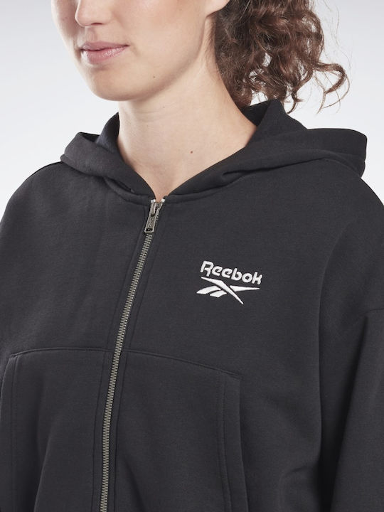Tape Zip Up Cropped Γυναικεία Ζακέτα Φούτερ με Κουκούλα Μαύρη